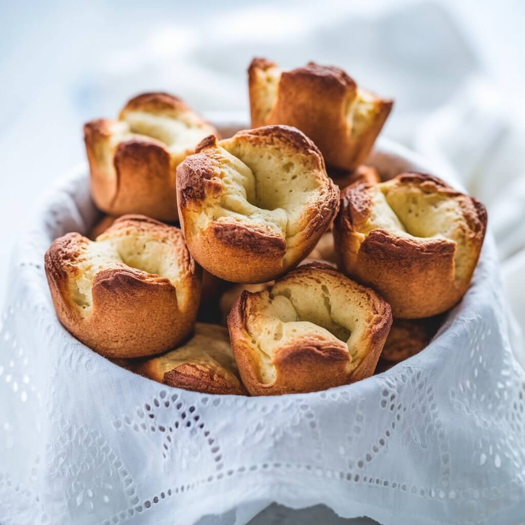 A photo of a bowl filled with freshly baked golden-brown popovers, looking like muffins, on a white linen cloth. The popovers are small, puffed, and have a slightly cracked, airy texture with a smooth, shiny crust. Their golden hue indicates a perfectly baked finish, with light browning at the peaks and edges. The white cloth lining the bowl has small, decorative perforations, adding a touch of elegance to the presentation. The blurry white background provides a clean, bright setting, emphasizing the rich golden tones of the popovers and giving the image a fresh, inviting feel.