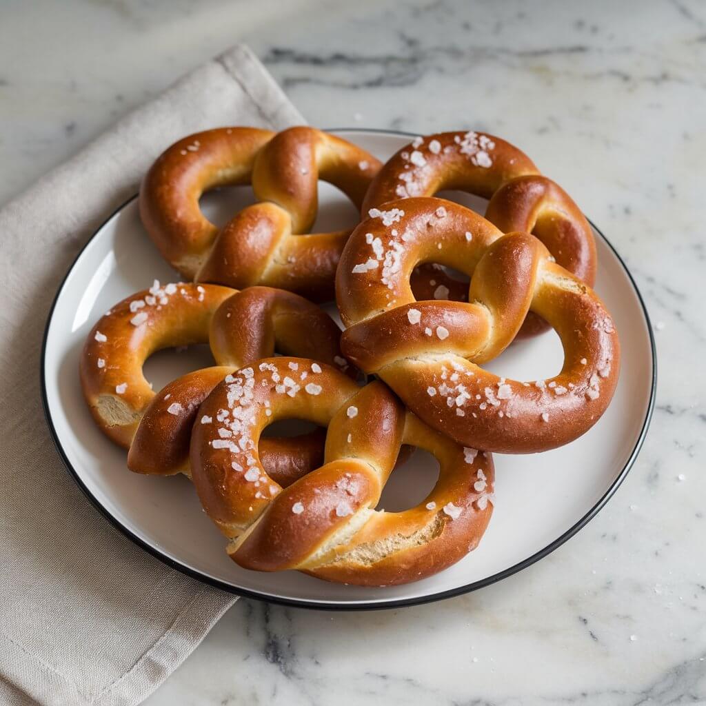 A photo of a white plate with freshly baked sourdough pretzels. The pretzels have a glossy, golden-brown crust and a twisted shape. Each pretzel is sprinkled with coarse sea salt crystals. The plate is placed on a marble surface. There is a corner of a neutral-colored linen napkin visible. The background is minimalist.