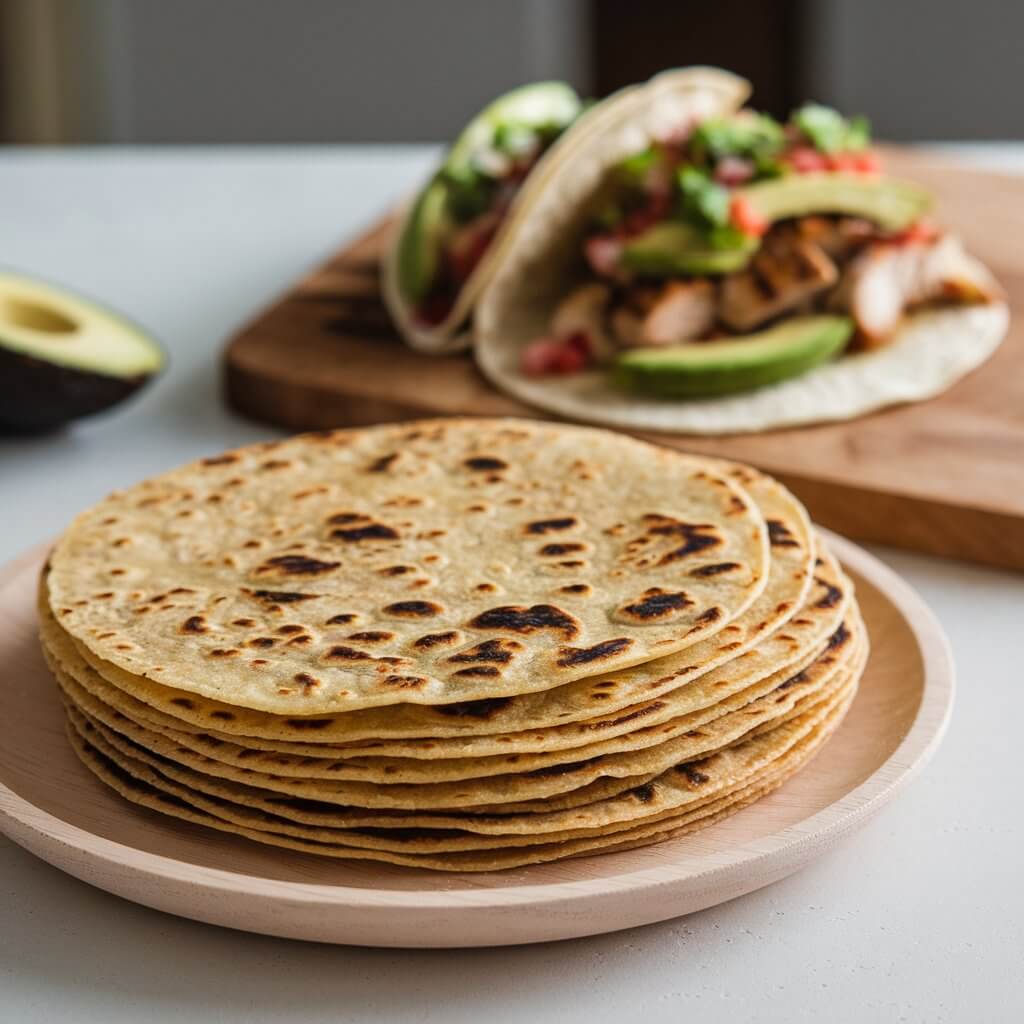 A photo of a stack of freshly made sourdough tortillas on a light wooden plate. The tortillas are golden brown with appetizing charred spots, slightly irregular in shape, emphasizing their homemade authenticity. The charred spots enhance their freshly cooked appeal. Everything is placed on a white kitchen countertop. In the blurred background, one taco is filled with grilled chicken, avocado, and fresh salsa, creating a taco setup.