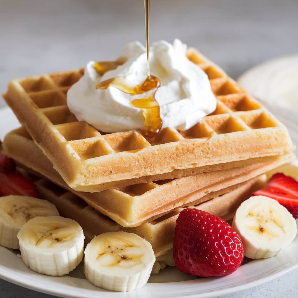 A photo of crispy sourdough discard waffles stacked high on a white plate. The golden grid pattern of the waffles catches the light. Freshly whipped cream and a drizzle of honey cascade over the top. The plate is accompanied by sliced bananas and strawberries, completing the perfect breakfast spread.