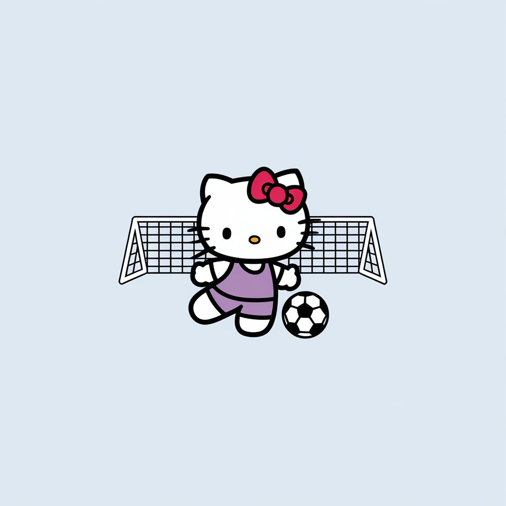 A minimalist illustration of Hello Kitty playing soccer on a plain white background. She is drawn in a simplistic style, wearing a sporty uniform and kicking a soccer ball. The background contains goalposts, highlighting her athletic side.