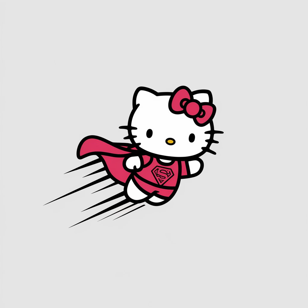 A minimalist, plain white background illustration of Hello Kitty as a superhero. Drawn in a simplistic style, she is wearing a cape, mask, and emblem, flying through the air with bold comic-style motion lines, creating a dynamic and energetic feel.