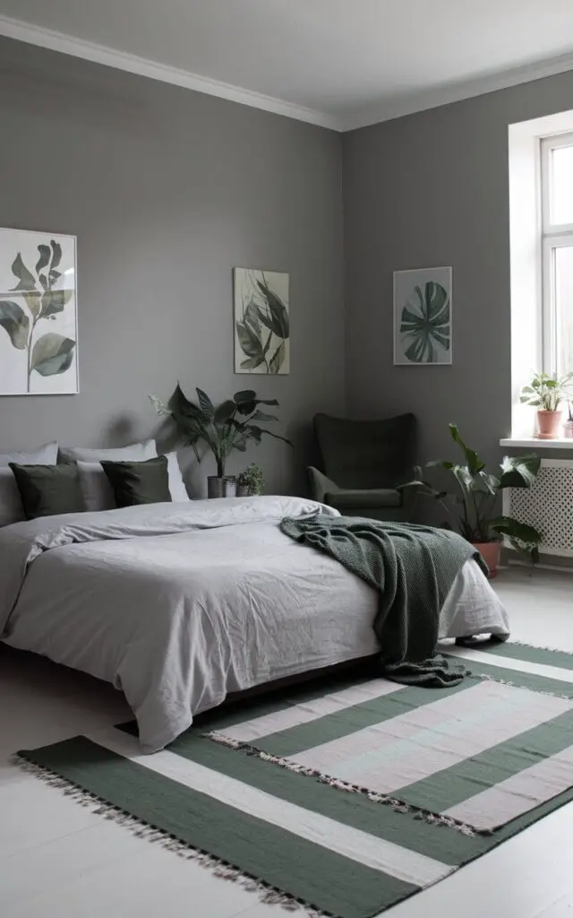 A minimalist stylish gray and green bedroom with a cozy bed and layered throw rugs in shades of green and gray. The bed has light gray linens and dark green pillows. The walls are painted a medium gray, and there's a green accent chair near the window. Small potted plants and botanical artwork are placed throughout the room, enhancing its natural and serene atmosphere.