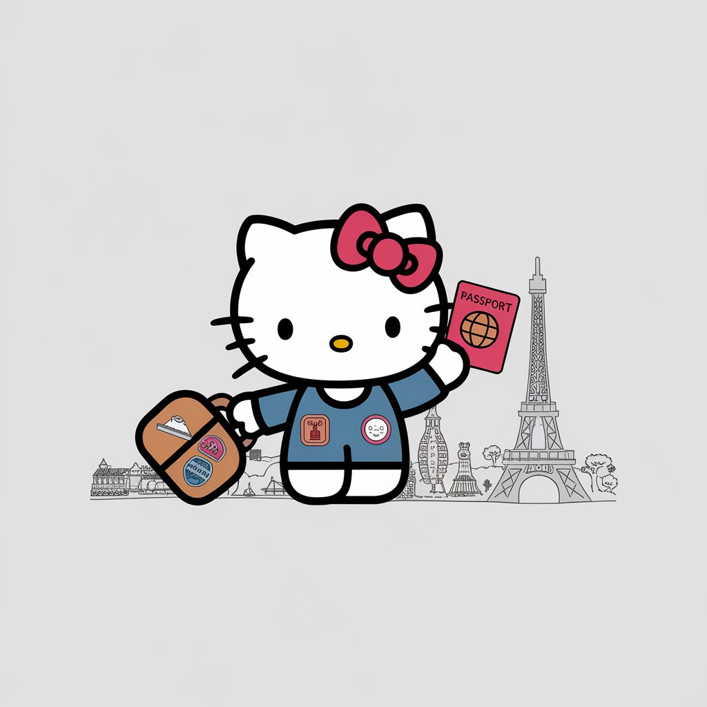 A minimalist, plain white background illustration of Hello Kitty as a traveler. Drawn in a simplistic style, she holds a suitcase decorated with travel stickers, and the other hand she is holding a passport. She is standing next to famous landmarks like the Eiffel Tower, which are faintly sketched in the background.