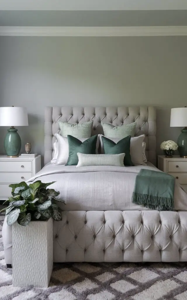 A photograph of a sophisticated gray and green bedroom. There is a cozy bed with a tufted gray frame, adorned with light gray bedding, emerald green pillows, and a matching green throw blanket. The walls are painted a soft dove gray. There are white nightstands topped with green ceramic lamps. A plush gray area rug is placed beneath the bed for added comfort. A leafy plant in a textured white planter is placed on one of the nightstands, bringing a touch of nature into the room.