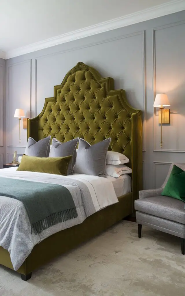 A luxurious gray and green bedroom centered around a very cozy bed with a lush velvet green tufted headboard. The headboard stands out against light gray walls, creating a dramatic yet inviting focal point. The bedding features layers of gray and white sheets with an emerald gray throw blanket for a touch of vibrancy. A pair of brass sconces flanks the bed, offering warm, ambient lighting. To the side, a small gray upholstered chair is paired with a green accent pillow, completing the harmonious blend of colors.