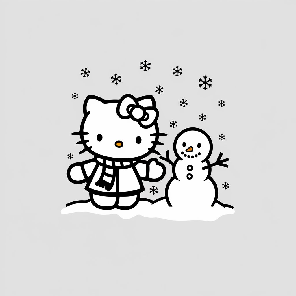 A minimalist illustration of Hello Kitty in a winter wonderland. She is wearing a coat, scarf, and mittens. Hello Kitty is building a snowman while snowflakes gently fall around her. The background is a plain white background.