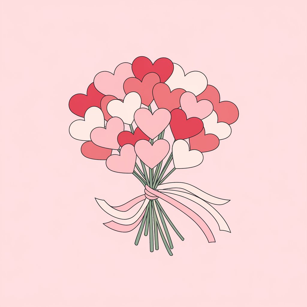 A minimalist, plain white background illustration of a bouquet made entirely of heart-shaped flowers in pink, red, and white. The hearts are tied together with a flowing ribbon in a soft pastel shade. Drawn in a simplistic style, the composition emphasizes the curves of the hearts and delicate stems.