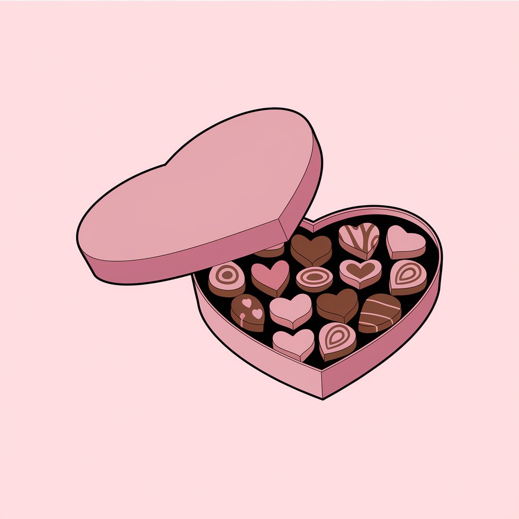 A minimalist illustration of an open heart-shaped box filled with assorted chocolates. Each piece is a different shape, including hearts and swirls. The box is drawn in a simplistic style, with a plain white background. The box lid is tilted slightly to reveal its contents.