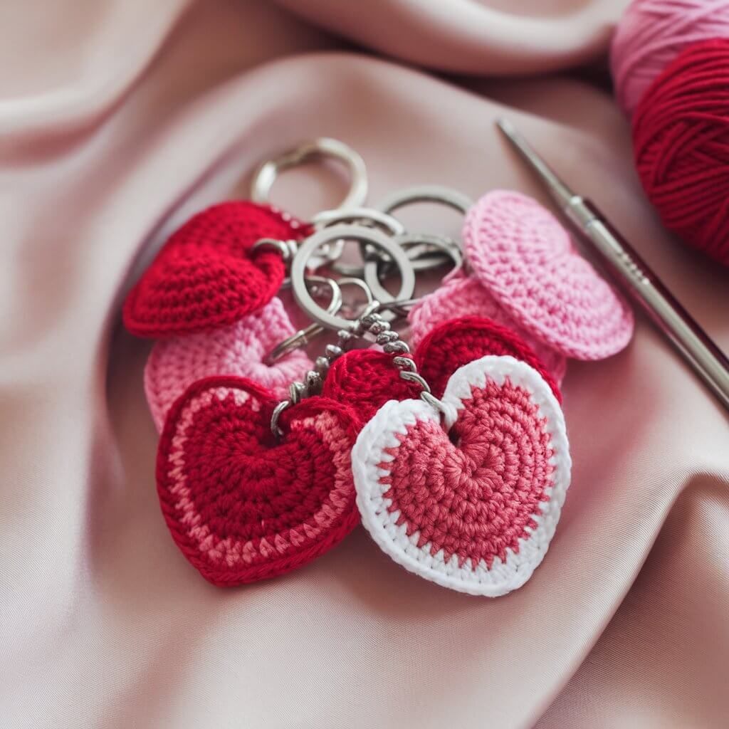 A photo of a collection of crochet heart keychains in vibrant shades of red, pink, and white. The hearts are attached to silver keyrings and are neatly arranged on a soft, neutral-colored fabric. A crochet hook, balls of yarn, and a pair of scissors are visible, offering a peek into the detailed work behind this Valentine's craft.