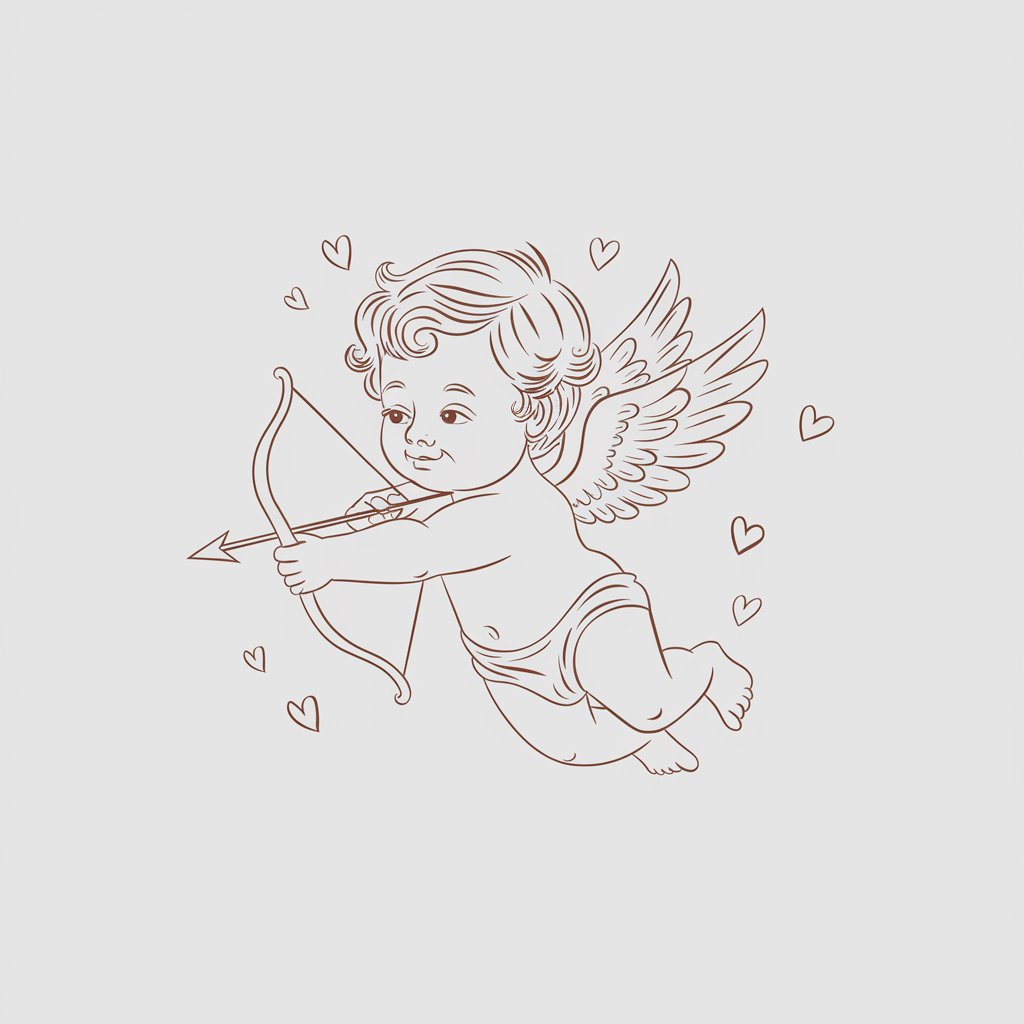 A minimalist, plain white background illustration of a cherubic Cupid with small wings. Cupid is mid-flight, pulling back a heart-shaped arrow on a bow. He has playful curls and a cheeky smile. There are small floating hearts around Cupid. The illustration is drawn in a simplistic style.