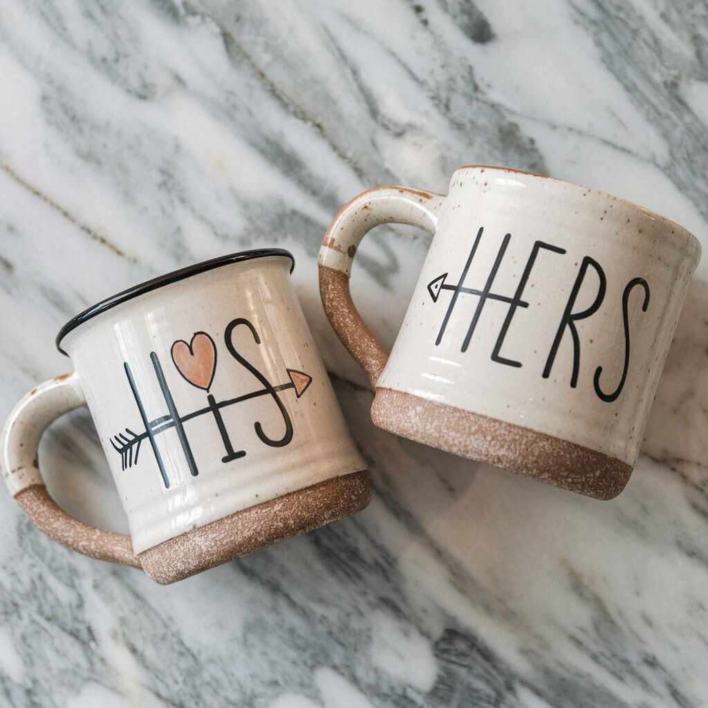 A photo of a marble countertop with two custom ceramic mugs. The mug on the left has the text "His" with a heart, while the mug on the right has the text "Hers" with an arrow. The mugs have a hand-painted design with a rustic finish.