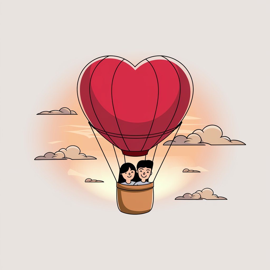 A minimalist, plain white background illustration of a heart-shaped hot air balloon carrying a smiling cartoon couple. The balloon is red, with simple strings attaching it to the basket. Drawn in a simplistic style, fluffy clouds and a soft, warm sunset glow frame the scene, adding a dreamy, romantic atmosphere.