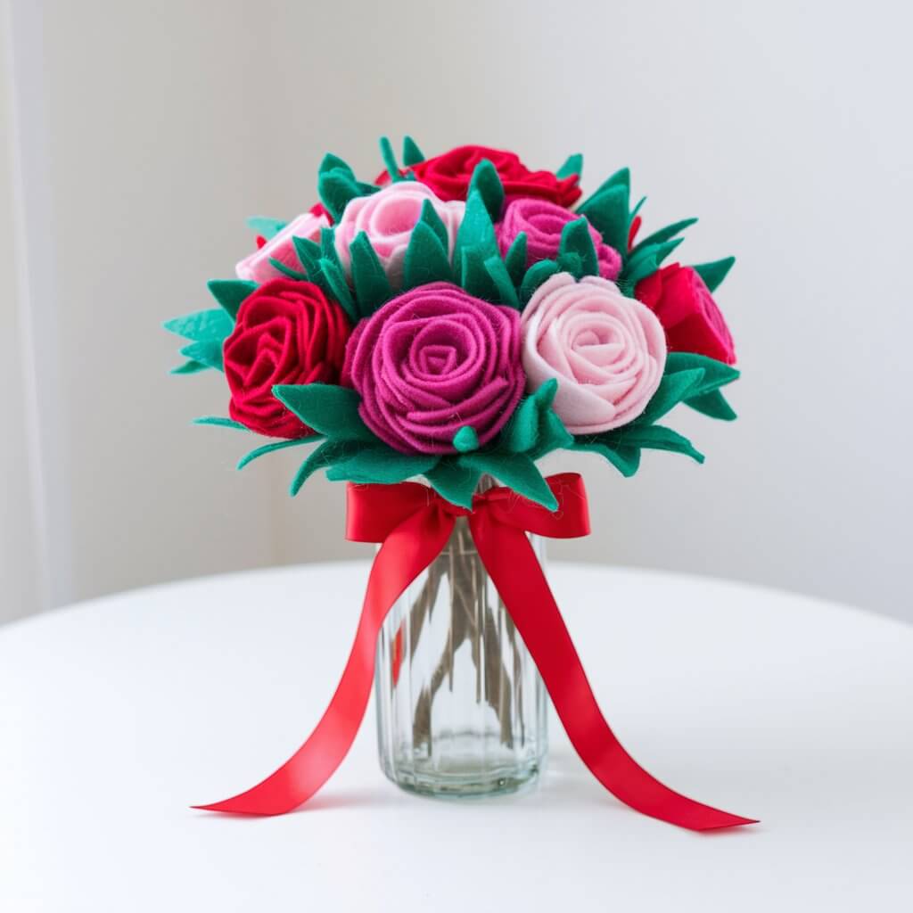 A bright white table with a bouquet of vibrant felt flowers arranged in a glass vase. The flowers are crafted in shades of red, pink, and white, with green felt leaves for added detail. The bouquet is tied with a red satin ribbon. The vase is tall and slender, with a simple design. The background is clean and uncluttered.