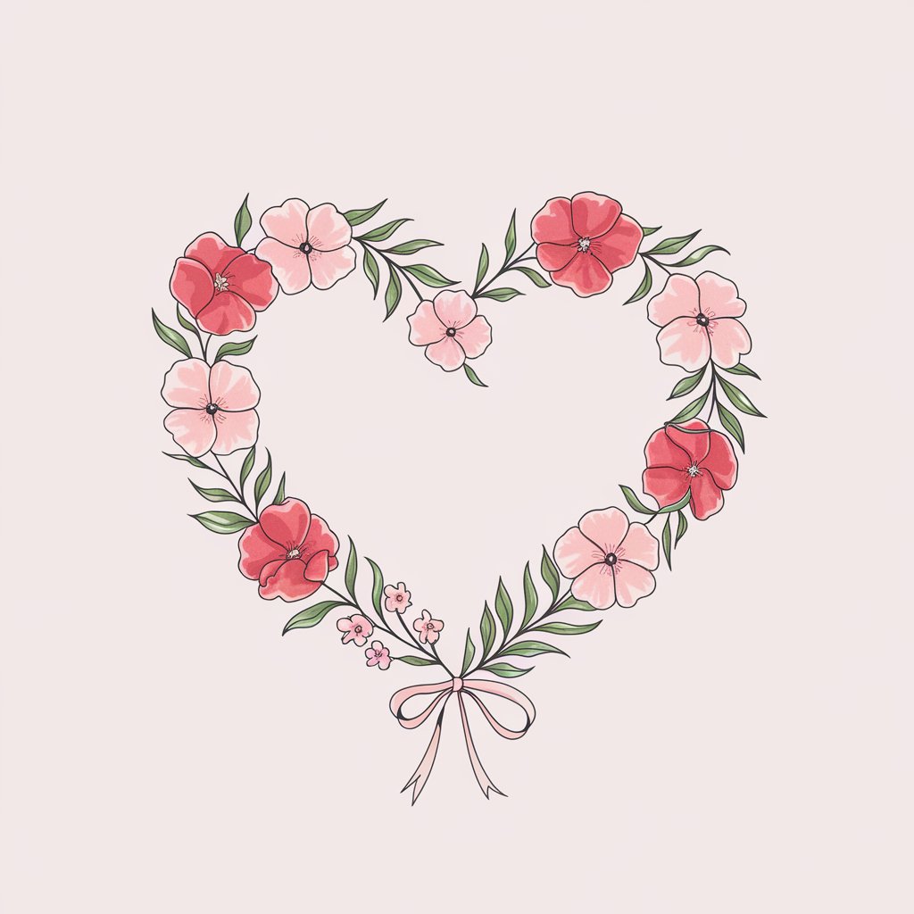 A minimalist, plain white background illustration of a heart-shaped wreath made of soft pink and red flowers. The flowers are lightly detailed, and green leaves fill the gaps. Drawn in a simplistic style, a ribbon bow hangs at the bottom.