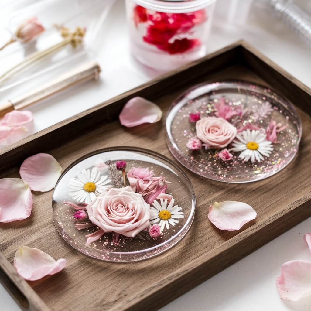 A photo of a set of floral resin coasters on a wooden tray. Each coaster features preserved roses, daisies, and glitter embedded in crystal-clear resin. There are soft pink petals scattered around the tray. Nearby, there are tools such as a resin mixing cup, dried flowers, and molds, which capture the creative process behind this elegant Valentine's craft.