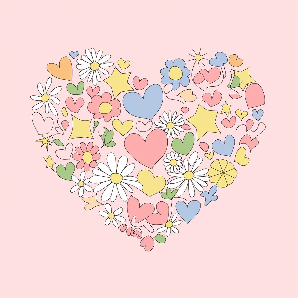 A minimalist, plain white background illustration of a large love heart composed of smaller shapes like stars, flowers, and mini love hearts. Each section is filled with soft pastel hues. Drawn in a simplistic style, the lines are clean and sharp for a polished effect.