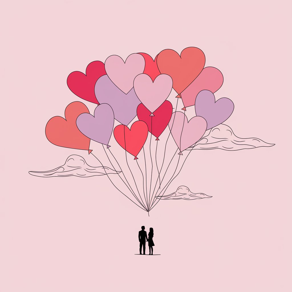 A minimalist, plain white background illustration of a group of heart-shaped balloons in soft pink, red, and lavender tones. The balloons are floating gently upward, with thin strings trailing below each balloon. The strings sway slightly, as if caught in the wind. In the bottom corner, a simple silhouette of a couple holding hands gazes upward at the balloons. The illustration is drawn in a simplistic style, with a few wispy, white clouds hovering near the balloons, adding a dreamy touch.