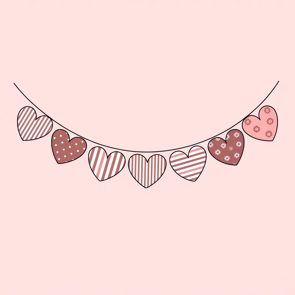 A minimalist illustration of a string of heart-shaped garlands hanging in a gentle curve. Each heart has a unique pattern, including polka dots, stripes, and floral designs. The string appears to float mid-air against a plain white background.