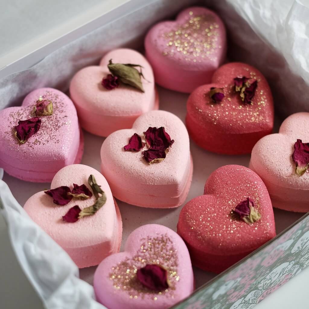 A photo of a decorative box filled with heart-shaped bath bombs. The bath bombs are in shades of pink and red, and they sparkle with glitter. Some of the bath bombs have dried rose petals on the surface. The box is lined with tissue paper.