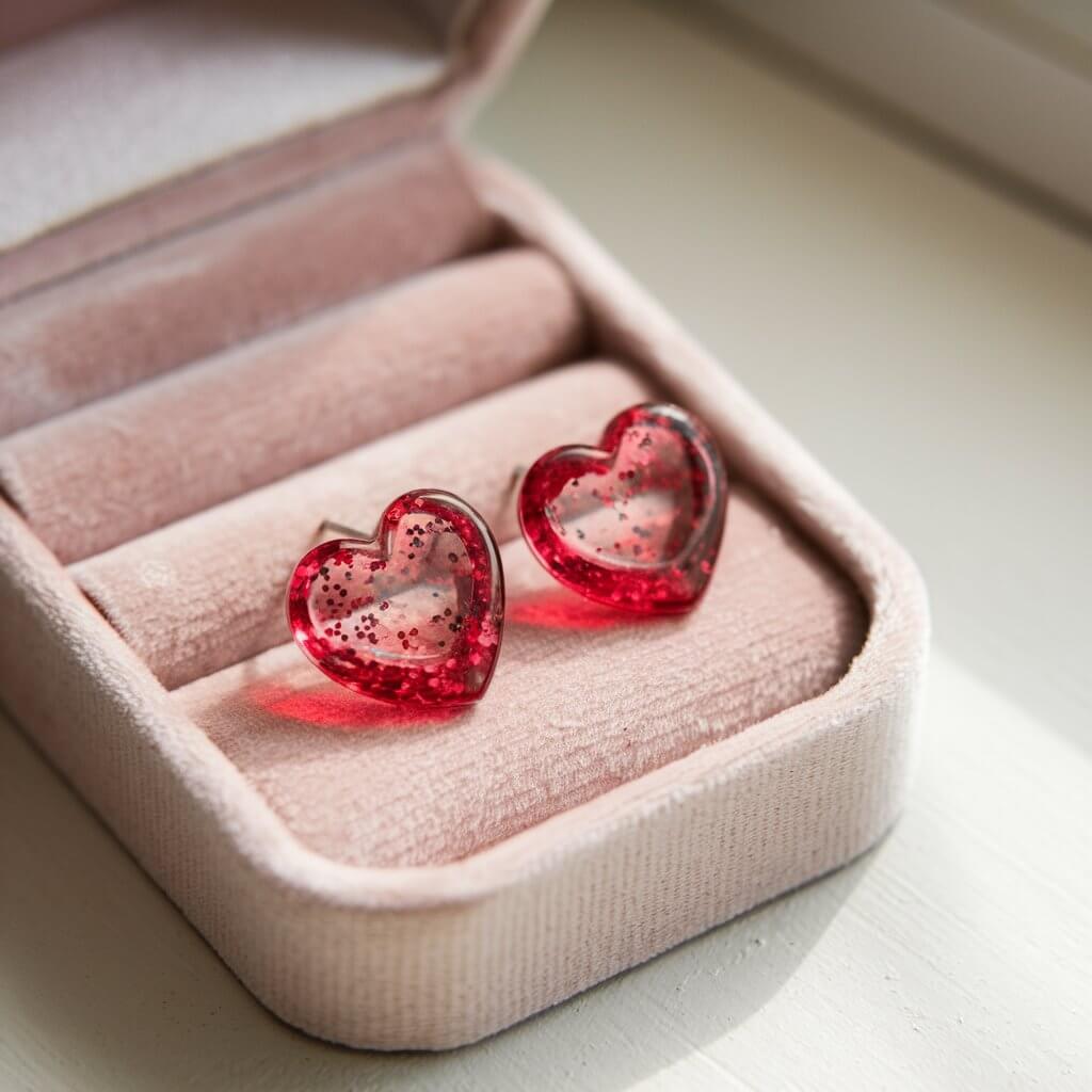 A photo of a close-up shot of handmade heart-shaped earrings in vibrant red resin with tiny embedded sparkles. The earrings are resting on a soft velvet jewelry tray, which is placed on a bright white natural light white table.