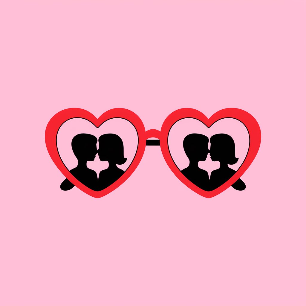 A minimalist, plain white background illustration of a pair of oversized heart-shaped sunglasses with reflections of a loved one's silhouette. The frames are bright red. Drawn in a simplistic style, the design is fun and bold.