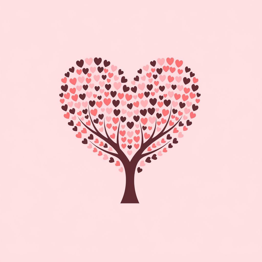 A minimalist, plain white background illustration of a tree with a trunk and branches forming a large heart shape at the top. The leaves are small, heart-shaped, and in shades of red and pink. Drawn in a simplistic style, the tree stands alone for visual emphasis.