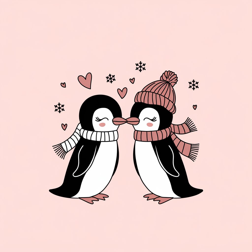 A minimalist, plain white background illustration of two cartoon penguins leaning toward each other, touching beaks. They wear tiny scarves and hats, with a few falling snowflakes in the air. Drawn in a simplistic style, heart shapes float around the pair.