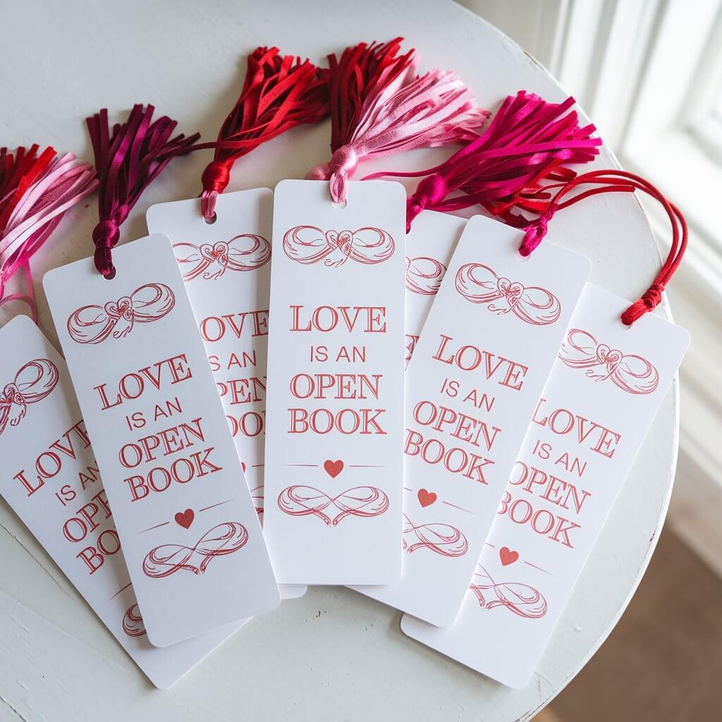 A collection of love-themed bookmarks made of sturdy white cardstock, featuring heart drawings, and romantic quotes like "Love is an Open Book." Each bookmark is laminated and adorned with tassels in shades of red and pink. The bookmarks are placed on a bright white natural light table.