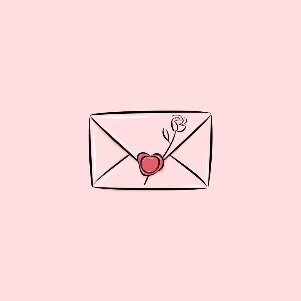 A minimalist, plain white background illustration of a folded envelope with a heart-shaped wax seal in red. The envelope is slightly tilted, with elegant calligraphy lines peeking out. Drawn in a simplistic style, a tiny rose stem is tucked under the seal, emphasizing charm and romance.