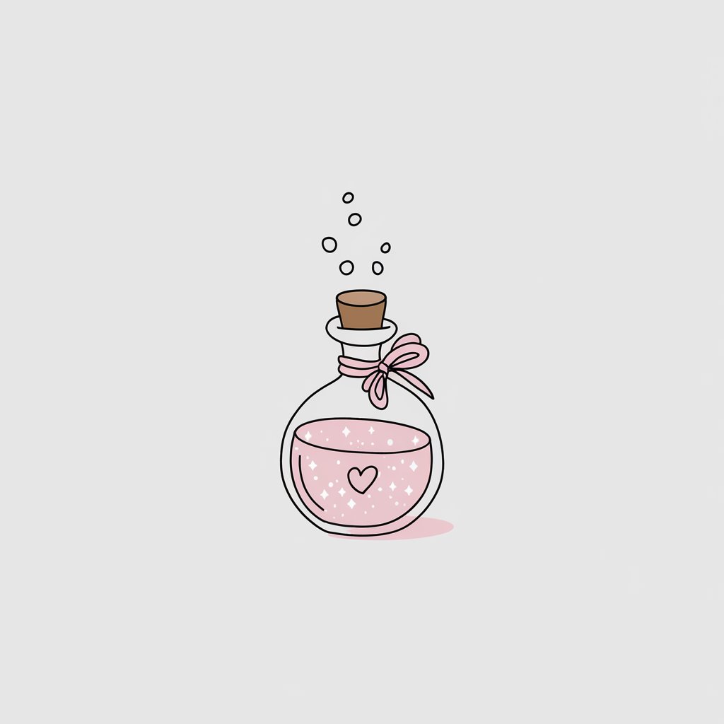 A minimalist, plain white background illustration of a potion bottle filled with a pink, sparkling liquid. The bottle features a small heart on its label and a cork stopper tied with a ribbon. Drawn in a simplistic style, tiny bubbles rise from the potion, giving it a magical feel.