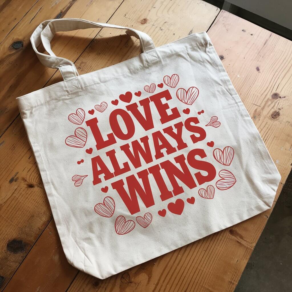 A photo of a beige tote bag with the phrase "Love Always Wins" in bold red lettering, surrounded by heart patterns. The bag is propped on a wooden table.