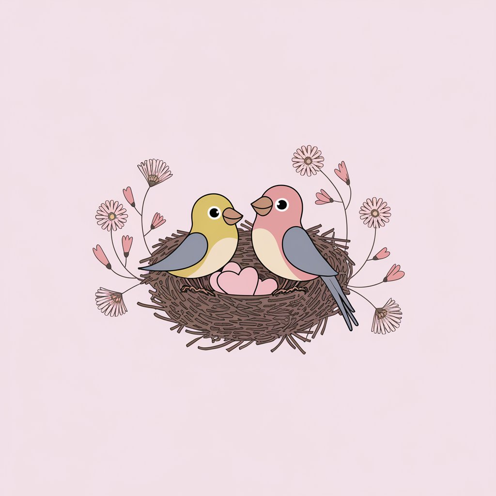 A minimalist, plain white background illustration of a small nest with two cartoon lovebirds sitting cozily inside. The nest is lined with tiny twigs, and heart-shaped eggs are visible beneath the birds. Drawn in a simplistic style, soft pink flowers surround the nest.