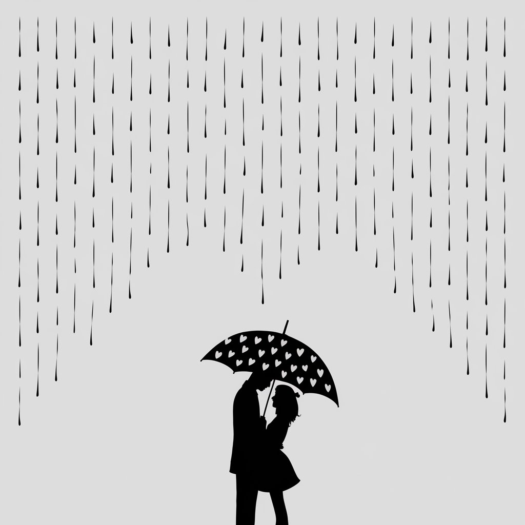 A minimalist, plain white background illustration of a couple standing close together under a heart-patterned umbrella. The rain falls in simple diagonal lines, and the umbrella is tilted slightly to shelter them. Drawn in a simplistic style, the couple is silhouetted for a timeless effect.