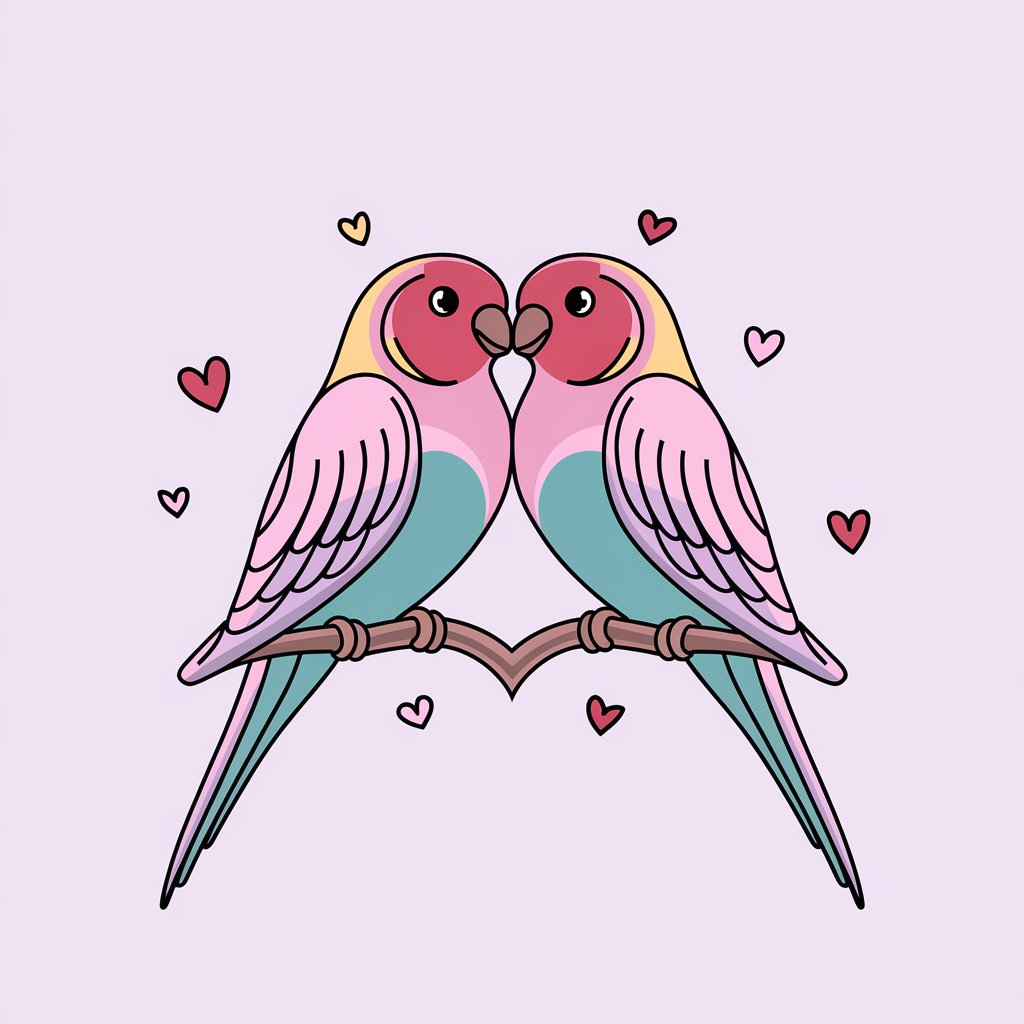 A minimalist illustration of two lovebirds perched side by side on a branch. The birds' heads form a heart shape. The birds are drawn in pastel hues, with simple lines suggesting feathers. The background is plain white. Tiny hearts float gently around the birds.