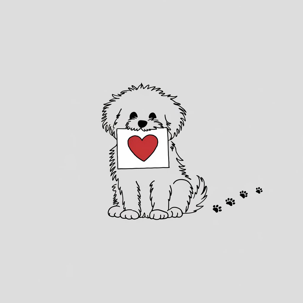 A minimalist, plain white background illustration of a fluffy puppy sitting with a Valentine's card in its mouth. The card has a large red heart on the front. Drawn in a simplistic style, tiny paw prints trail behind the puppy, adding a playful touch.