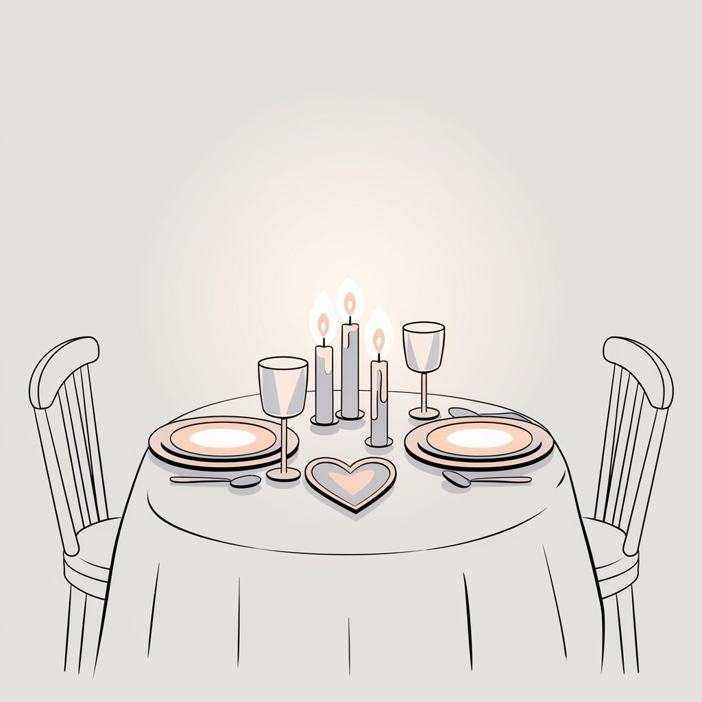 A minimalist, plain white background illustration of a small table set for two with lit candles in the center. Plates and glasses are neatly arranged, with a heart-shaped centerpiece adding charm. Drawn in a simplistic style, soft glowing lines suggest candlelight.