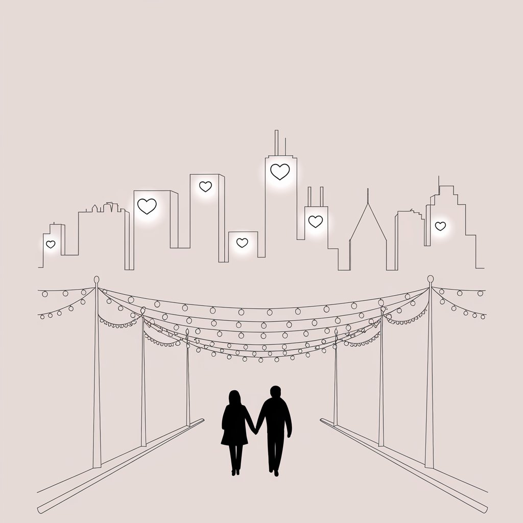 A minimalist, plain white background illustration of a city skyline with heart-shaped windows glowing faintly. Drawn in a simplistic style, two figures holding hands walk along a quiet street below, framed by string lights.