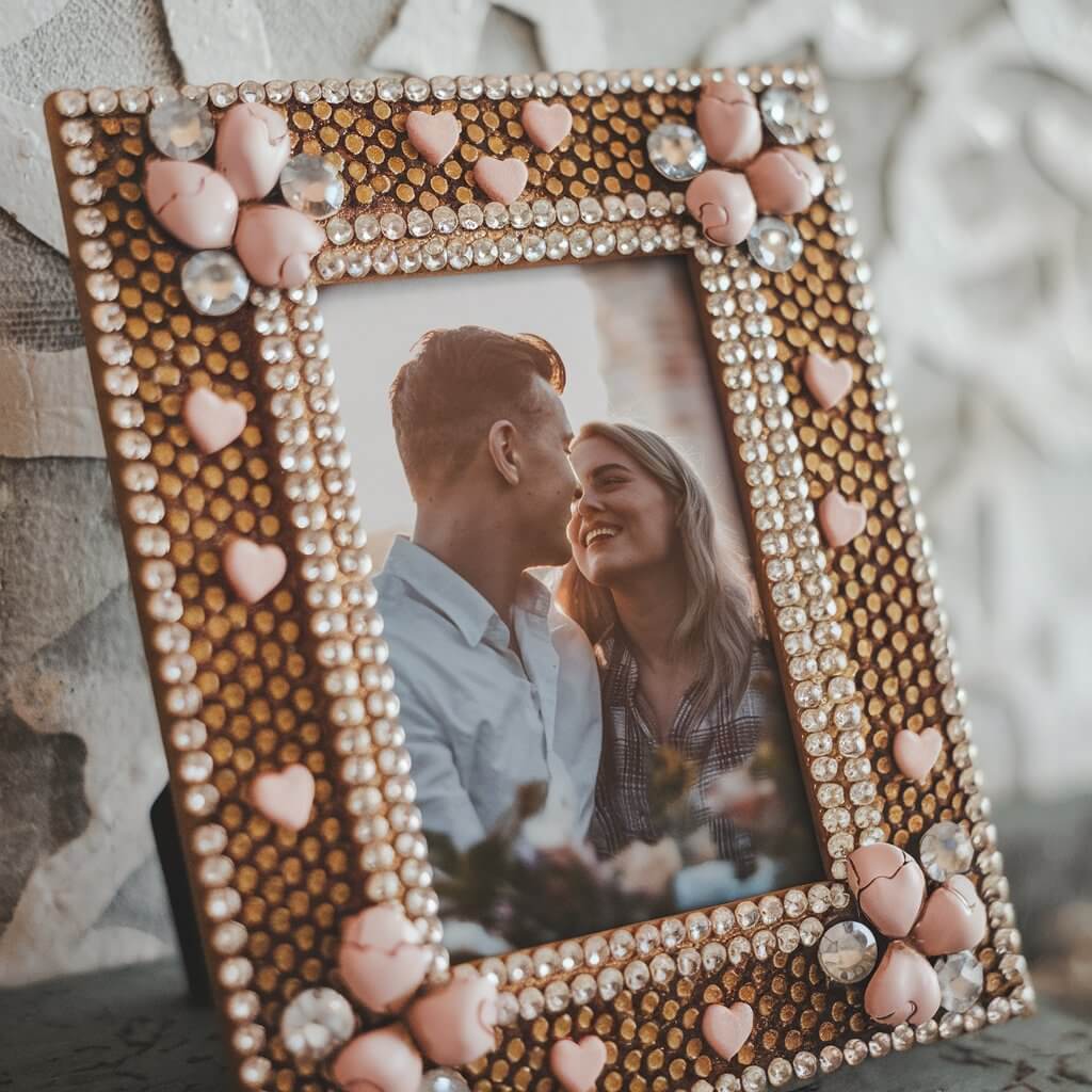 A photo of a decorated photo frame embellished with rhinestones, glitter, and tiny hearts. The frame holds a photo of a romantic couple. The background is a wall with a patterned texture.