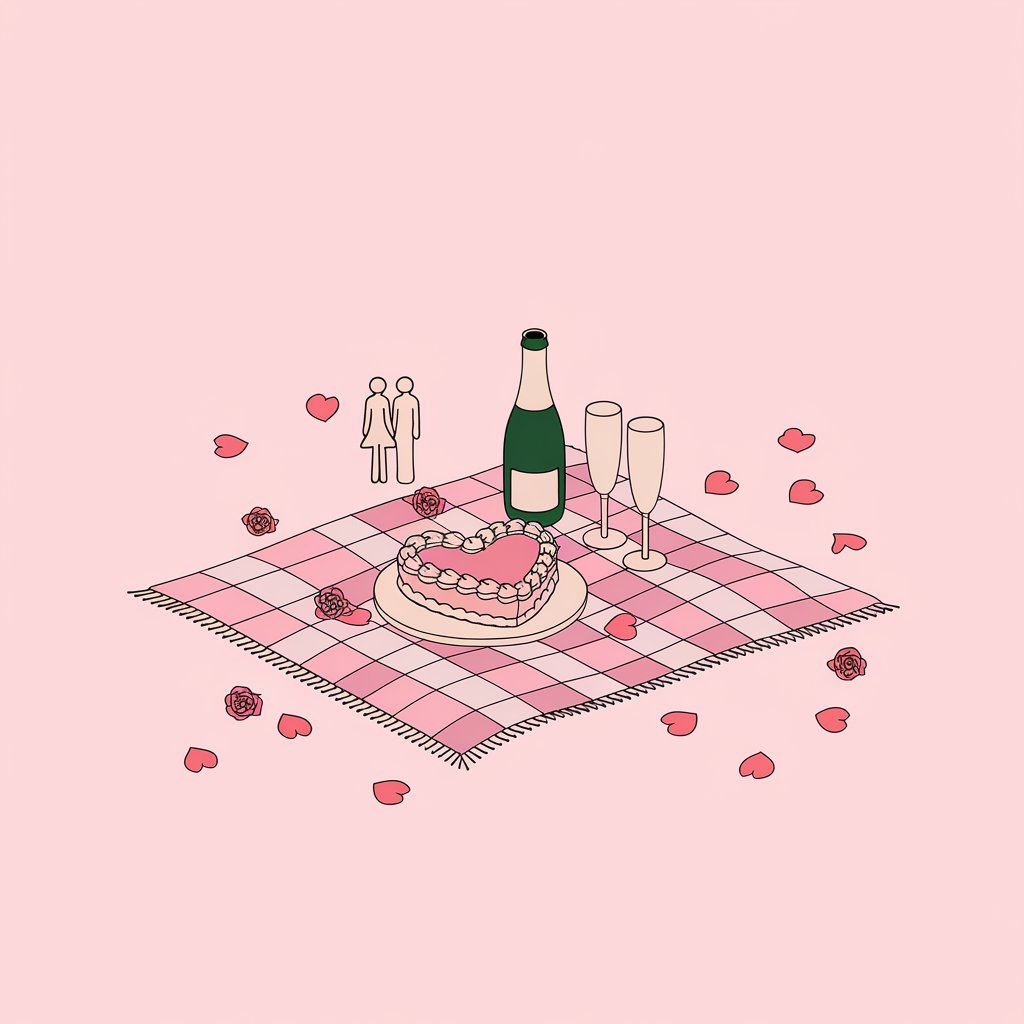 A minimalist illustration of a romantic setup on a plain white background. There is a checkered blanket with a heart-shaped cake, a bottle of sparkling cider, and two glasses. There are also couples holding hands. Rose petals are scattered casually around the setup.