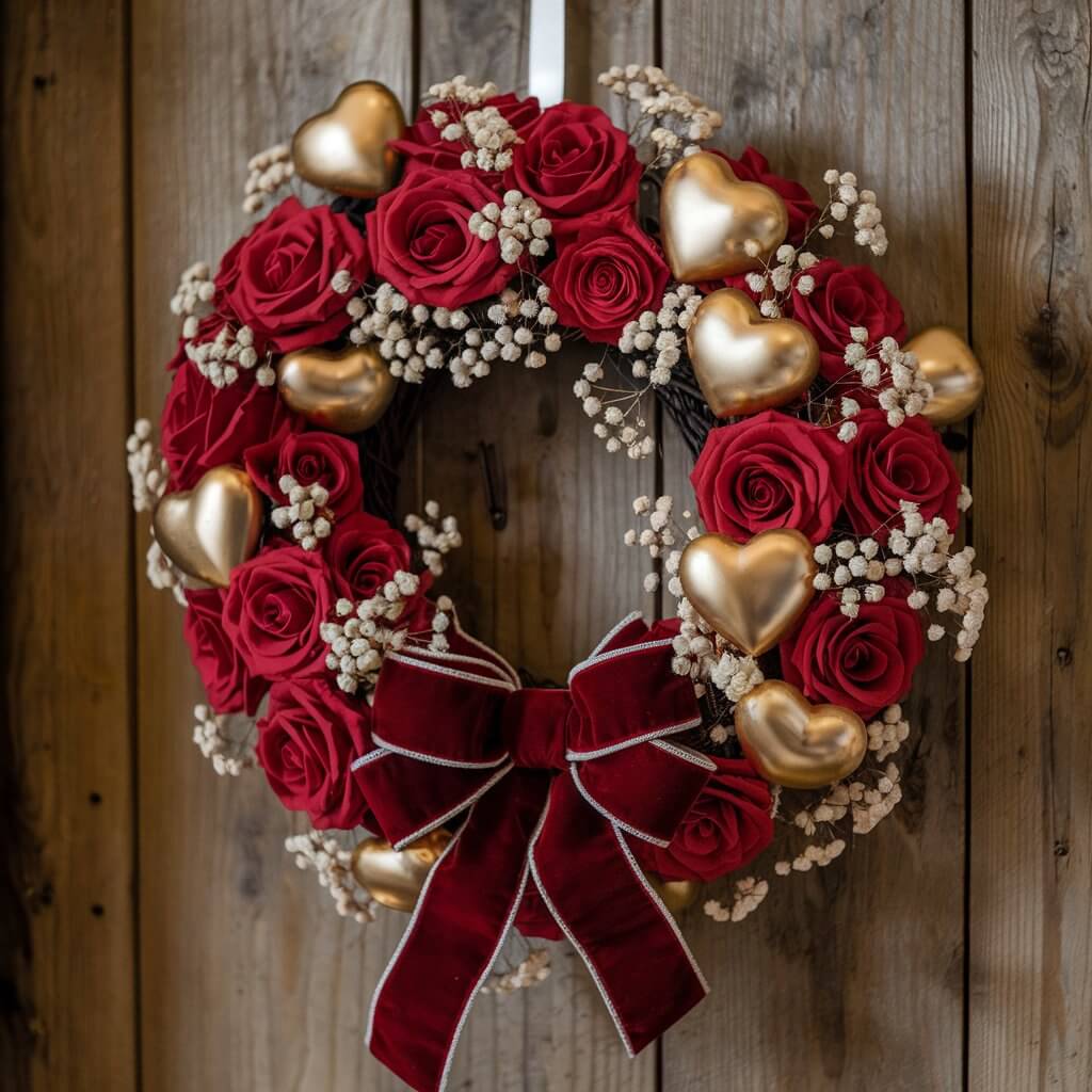 A photo of a Valentine's Day wreath hanging on a rustic wooden door. The wreath is beautifully crafted with faux red roses, delicate white baby's breath, and golden heart-shaped ornaments. A large red velvet bow sits at the bottom, tying the design together.