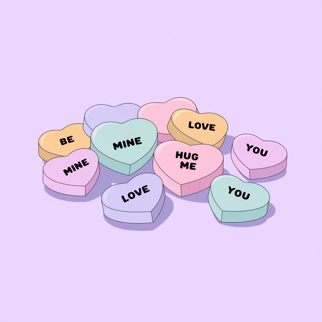 A minimalist illustration of pastel-colored candy hearts with phrases like "Be Mine", "Hug Me", and "Love You". The hearts are scattered in a loose pile on a plain white background. Each candy is lightly shaded to suggest a soft, sugary texture.