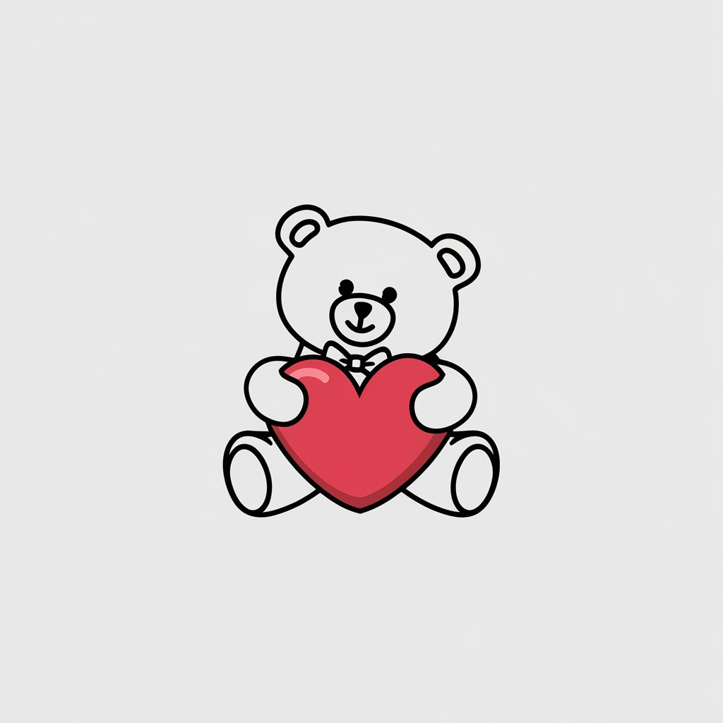 A minimalist, plain white background illustration of a cuddly teddy bear sitting upright and hugging a large red heart. The bear has simple dot eyes and a small smile. Drawn in a simplistic style, a bowtie adds a touch of whimsy to the character.