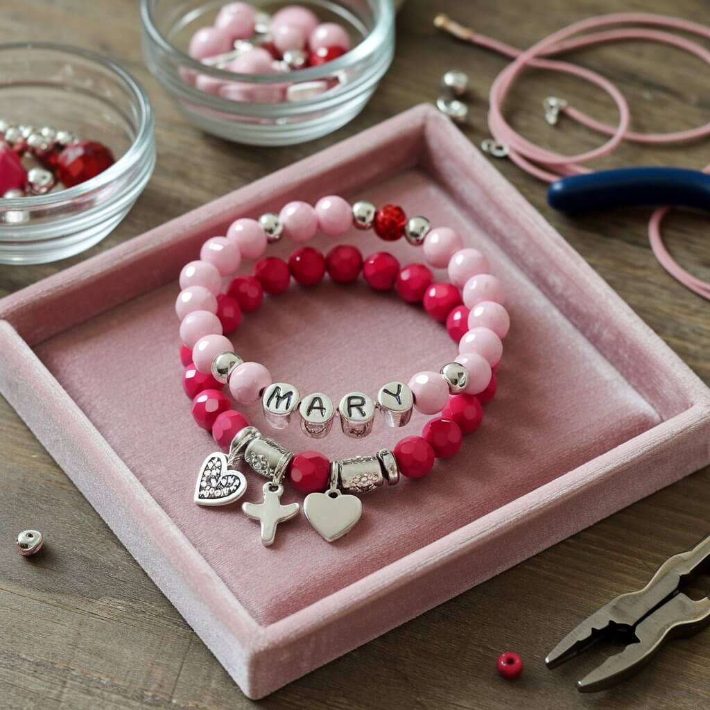 A photo of a velvet tray with a set of beaded bracelets. The bracelets have pink and red beads, heart-shaped charms, and the initials "mary" made from silver letters. There are small glass bowls filled with additional beads, an elastic cord, and a pair of jewelry pliers beside the tray. The background is a wooden surface.