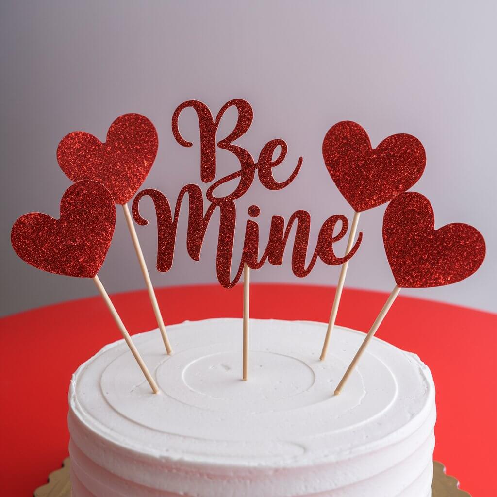 A photo of a plain white cake with a bright red table. There are glittery red heart-shaped toppers with the words "Be Mine" written in cursive. The toppers are placed strategically around the cake. The background is clean and the lighting is soft.A photo of a plain white cake with a bright red table. There are glittery red heart-shaped toppers with the words "Be Mine" written in cursive. The toppers are placed strategically around the cake. The background is clean and the lighting is soft.