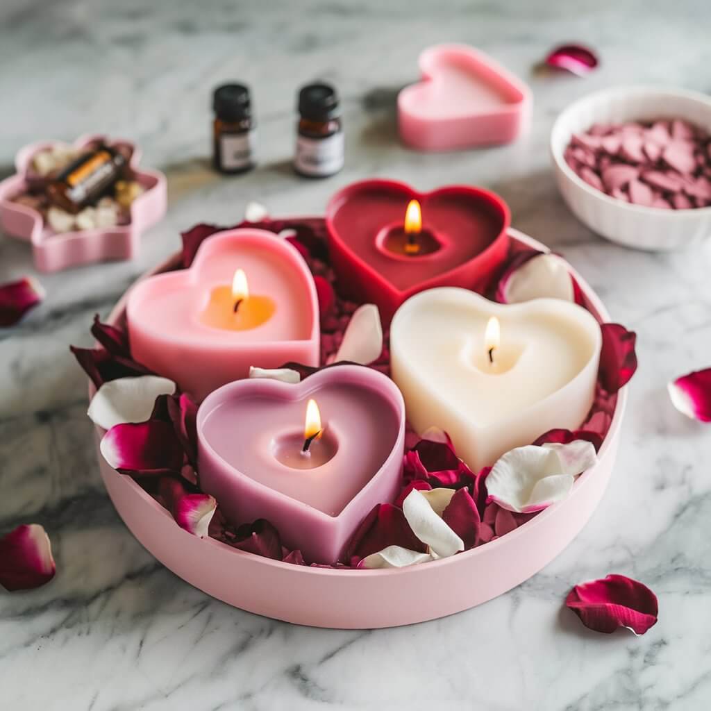 A close-up of heart-shaped candles in soft pink, deep red, and creamy white, displayed on a polished marble countertop. The candles are nestled in a bed of faux rose petals, with one candle slightly lit, its gentle flame casting a warm glow. Small jars of essential oils, a silicone heart mold, and a bowl of wax chips sit nearby, showcasing the process of this delightful Valentine's craft.