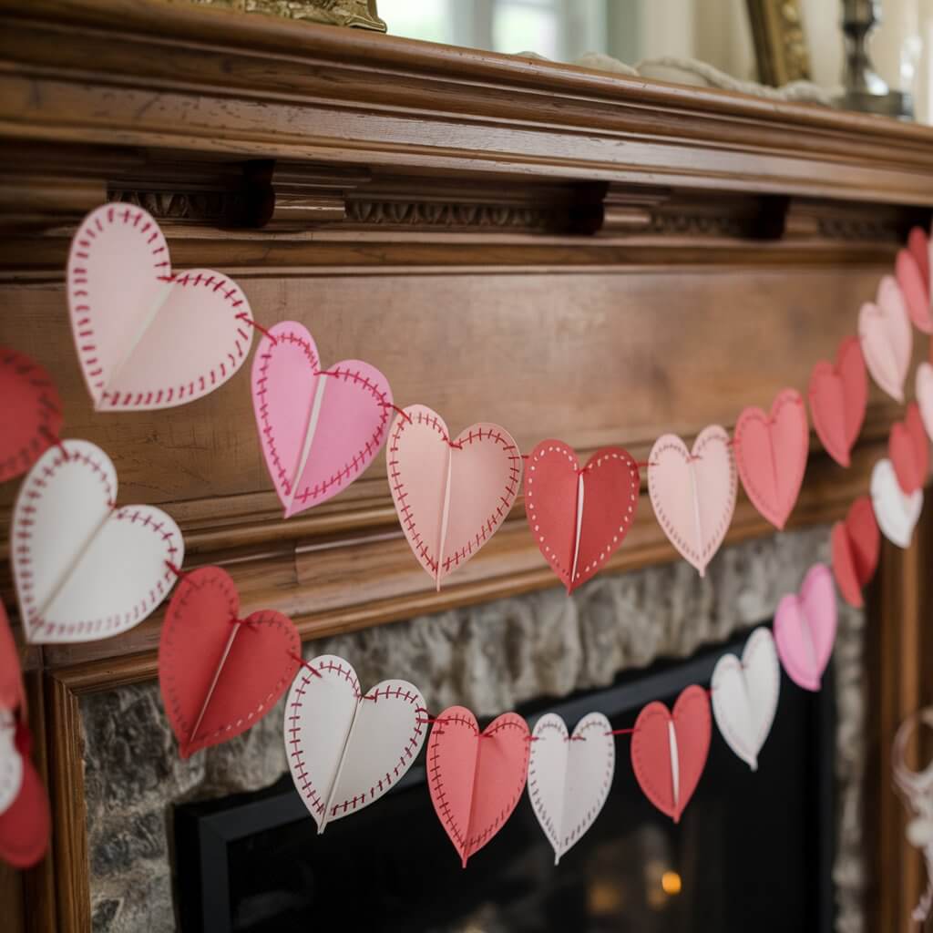 A photo of a cozy mantel with a colorful garland of paper cutouts. The garland features hearts with intricate stitching in varying shades of red, pink, and white. The hearts are strung together with red twine. The garland is draped across the mantel.