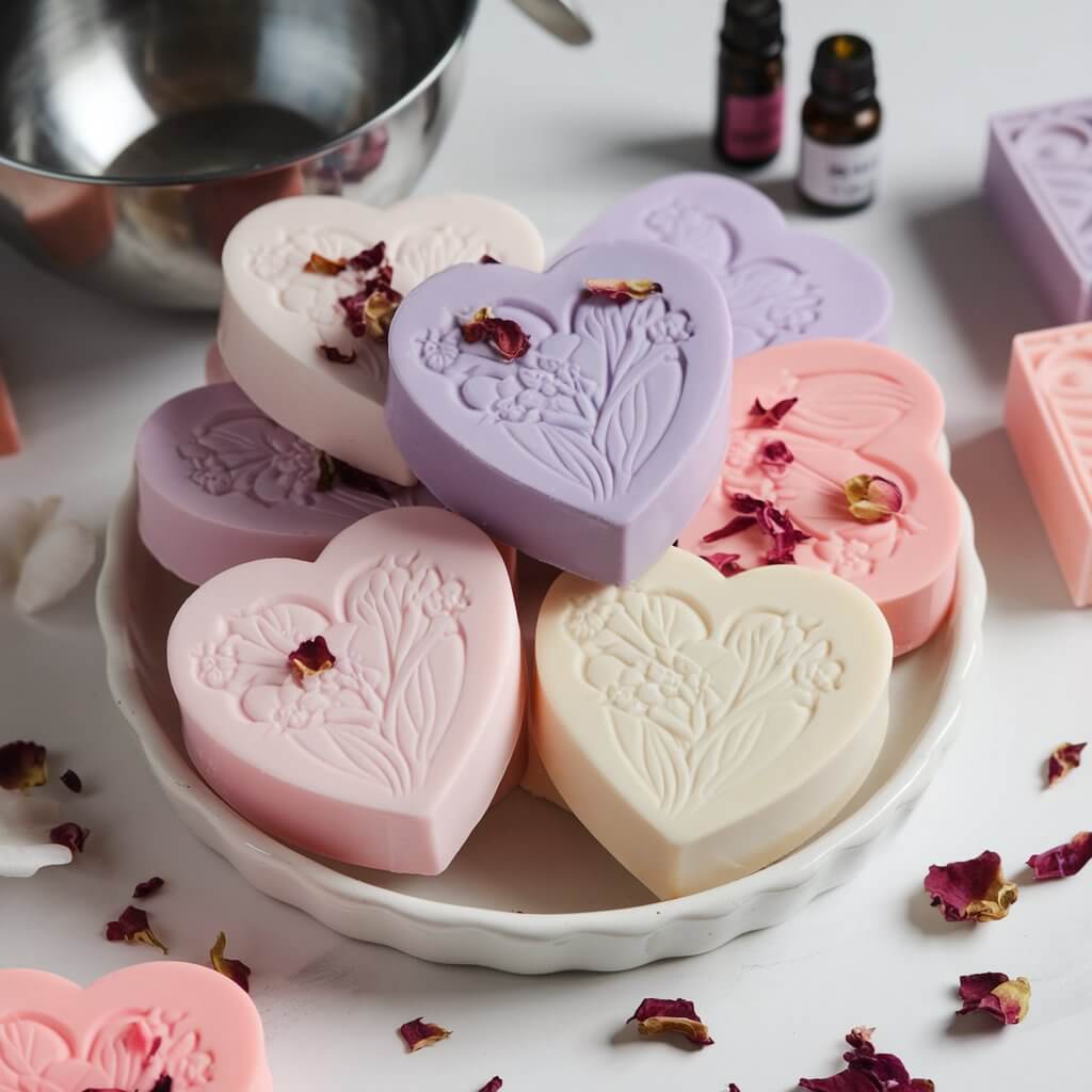 A photo of a collection of heart-shaped soap bars in soft pastel shades of pink, lavender, and ivory. The soaps are placed on a white ceramic dish. They are embossed with floral designs and sprinkled with dried rose petals. Nearby, a mixing bowl, essential oil bottles, and soap molds highlight the process of making this luxurious Valentine's craft.