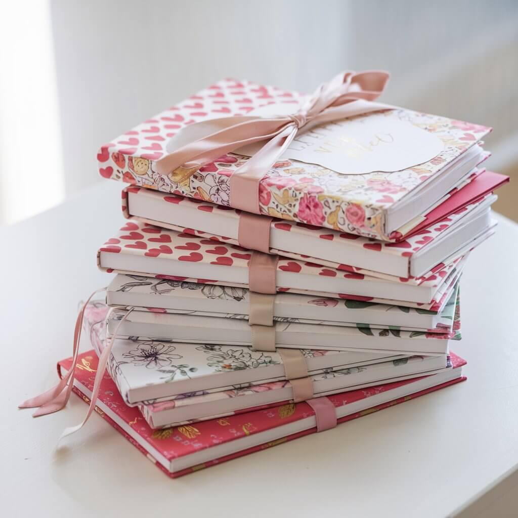 A photo of a stack of handmade journals with romantic covers. The covers feature heart patterns, floral designs, and gold lettering. Each journal is tied with a satin ribbon. The stack is placed on a bright white table.