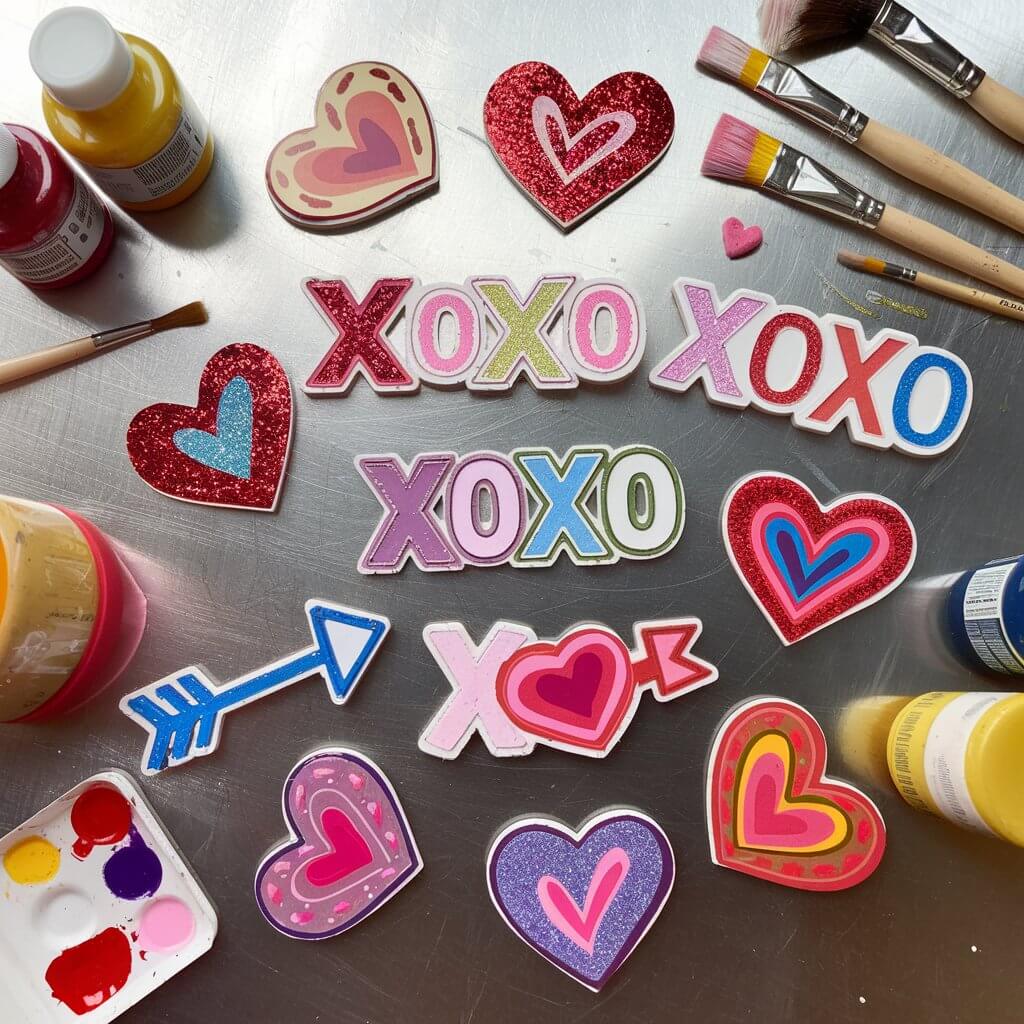 A photo of a collection of colorful, love-themed magnets in shapes like hearts, "XOXO," and cupid arrows, arranged on a metallic surface. Each magnet is detailed with glitter, bold colors, and playful lettering. Paint bottles, brushes, and small magnets ready for assembly are scattered nearby, showcasing the creation of this Valentine's craft.